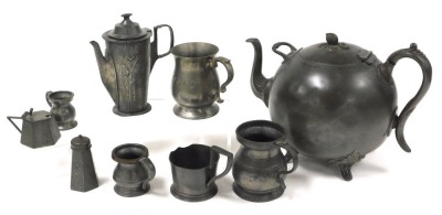 A group of 19thC and later pewter and plate, including a teapot, crested dish, bearing London touch mark, Kyserzinn Art Nouveau coffee pot, decorated with snowdrops, number 4613, three piece cruet set, and tankards. (a quantity) - 4