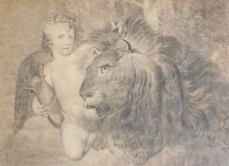 Amjro**eby (English early 19thC). Cupid with lion, pencil, signed indistinctly, dated 1807, 43cm x 56cm.