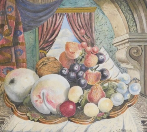 H J Woods (British late 19thC). Still life of fruit in a bowl, within an interior, watercolour, signed, 19.5cm x 22cm.