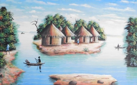 African School. River and village landscape, with figures, oil on canvas, signed indistinctly, 54.5cm x 84.5cm.