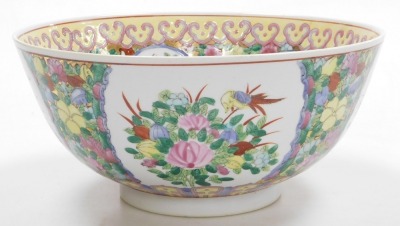 A 20thC Chinese famille rose porcelain goldfish bowl, decorated with flowers, 31cm wide, a Panda pottery wash jug, decorated with flowers, gilt heightened, printed mark, 36cm high, and a blue and white tea caddy decorated with The Walled City, 22cm wide. - 8