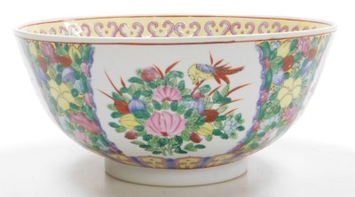 A 20thC Chinese famille rose porcelain goldfish bowl, decorated with flowers, 31cm wide, a Panda pottery wash jug, decorated with flowers, gilt heightened, printed mark, 36cm high, and a blue and white tea caddy decorated with The Walled City, 22cm wide. - 10