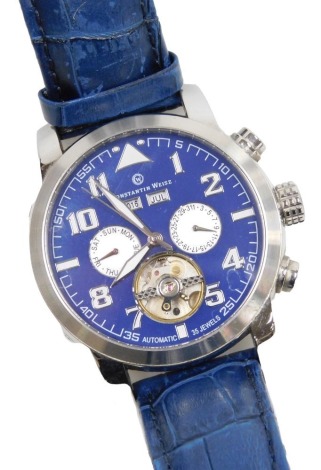 A Constantin Weisz gentleman's stainless steel cased chronograph wristwatch, circular blue dial bearing Arabic numerals, visible movement, two subsidiary dials and date calendar, thirty five jewelled movement, on a blue leather strap.