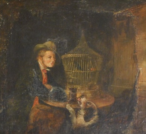 English School (19thC). Interior scene with a man with a bird cage and hound, oil on canvas, 32cm x 34.5cm.