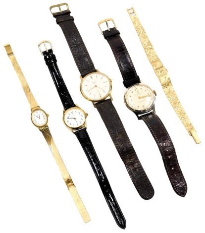 A vintage gentleman's Ingersoll Triumph stainless steel cased wristwatch, with a leather strap, a Services Court gentleman's gold plated wristwatch, on a leather strap, two lady's gold plated wristwatches, and a further watch. (5)