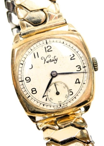 A Verity 9ct gold cased gentleman's wristwatch, circular silvered dial bearing Arabic numerals, subsidiary seconds dial, in a plain case, with plated bracelet, boxed.