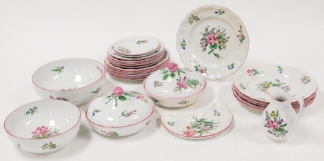 A group of early 20thC Luneville pottery, decorated with floral sprays, within a pink rim, including a pair of vegetable tureens and covers, six dinner plates, and two graduated bowls. (a quantity)