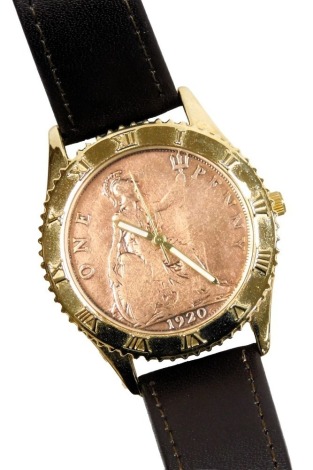 A gentleman's stainless steel cased The Penny watch, the bezel bearing Roman numerals, on a brown leather strap.