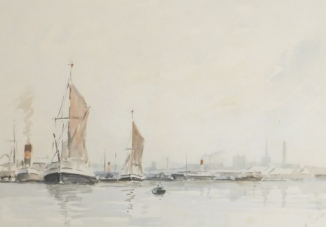 Edward George Wood (20thC). Barges at Harwich Essex, watercolour, signed, titled verso, 26.5cm x 36.5cm.