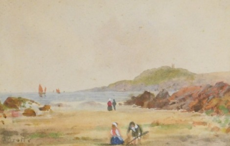 British School (early 20thC). Coastal scene with figures, watercolour, signed indistinctly, 11cm x 16.5cm.