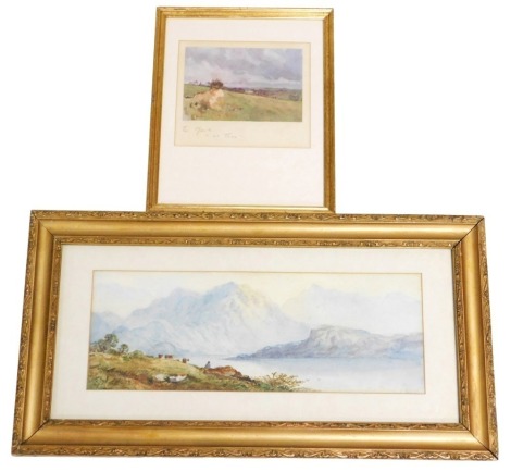 British School (early 20thC). Highland landscape with cattle and a seated figure, watercolour, signed indistinctly, 16cm x 45cm, together with a print after Lionel Edwards, of The Heath at Tara, 17cm x 19.5cm. (2)