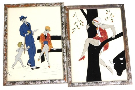 A pair of 1930s reverse paintings on glass, Cupid pushing a gentleman/lady with a bouquet, to a lady on a bench, the other with a lady escaping the pursuit of a bull up a tree, 34.5cm x 24.5cm.