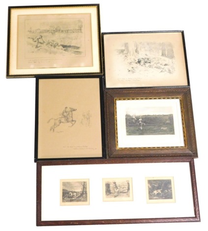 A group of hunting related etchings and engravings, including after Lionel Edwards, The Fox, The Fox, The Fox!, and Their Tale Of Disaster, after Cecil Aldwyn, and J Herring, Nearly Caught, Throwing Off, and On The Scent, framed as one, and after W Frank 