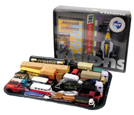 An M&V diecast model of a Williams FW14 racing car, together with a video of Mansell and Williams in the Championship winning year of 1992, cased, together with Lledo, Corgi and Matchbox diecast lorries, trucks, vintage and modern racing cars. (a quantity