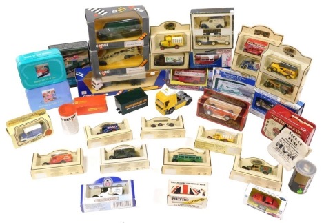 A Corgi diecast Seddon Atkinson Silent Night, C1238, Bedford type OB coach, East Yorkshire, and Southern National, Days Gone By diecast buses, trams, and vintage trucks, Schylling American postal collection models of the Graf Zeppelin, Special Delivery mo