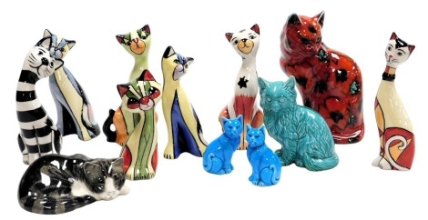 Seven Lorna Bailey pottery figures of cats, with stylised decoration, a Mike Hinton figure of a sleeping cat, Anita Harris art pottery red glazed figure of a cat, and three further figures. (a quantity)