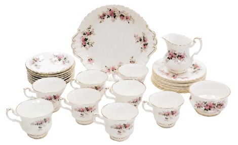 A Royal Albert porcelain Lavender Rose part tea service, comprising cream jug and sugar bowl, bread plate, eight teacups, saucers and plates.