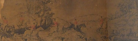 A late 19thC tapestry picture, of a hunt in full progress, within an oak frame, 47cm x 142cm.