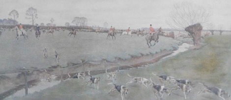 After Cecil Aldin (British 1870-1935). The Meynell Hunt, coloured print, signed in pencil, 37cm x 71cm.