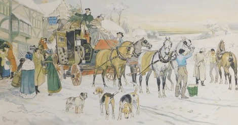 After N Drummond (early 20thC). Christmas Eve, a coaching print, published by CE Clifford and Company, London 1902, 53cm x 85cm.