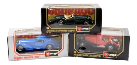 Three Burago diecast motorcars, scale 1:24, boxed, comprising Bugatti Atlantic (1936), Mercedes Benz SSk (1928), and a Jaguar XK 120 Roadster ('48).