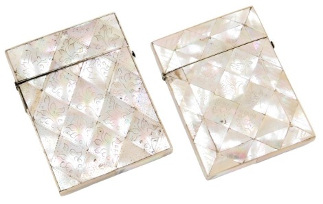 Two 19thC mother of pearl calling card cases, floral and foliate engraved, 11cm high and 10.5cm.