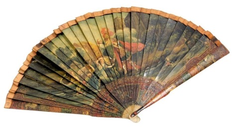 A 19thC Continental stick fan, painted to the obverse with classical figures and beasts, beside a Roman emperor, verso a garden with classical ruins, 20cm high.