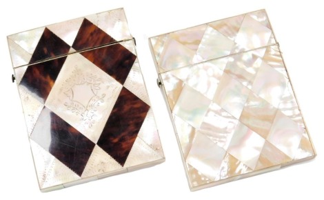 A 19thC mother of pearl and tortoiseshell call card case, with floral engraving to the obverse and vacant shield reserve, 10.5cm high, and a further calling card case of plain form, 10.5cm high. (2)