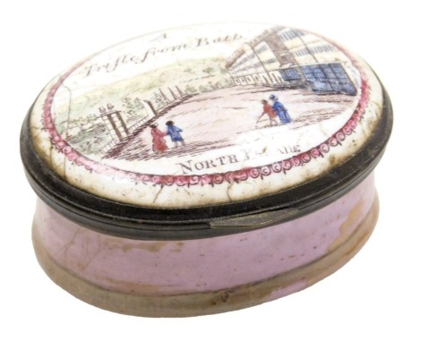 A late 18thC Bilston enamel snuff box, a Trifle from Bath, North Parade, 52mm wide.