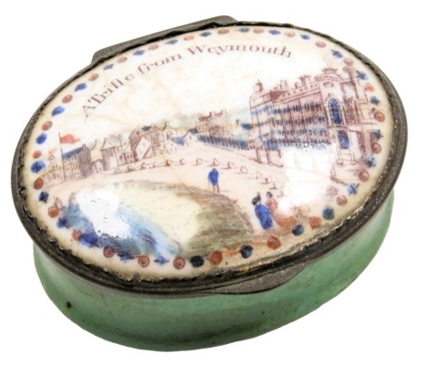 A late 18thC Bilston enamel snuff box, a Trifle from Weymouth, 52mm wide.