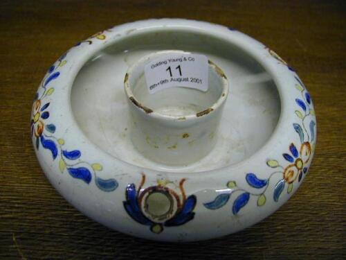 An interesting shaped 18thC. polychrome Delft standish of sqaut circular form