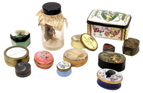 Porcelain and enamel boxes, including a Bilston box Peace and Love, modern boxes for the 25th Aldeburgh Festival, a Scaux porcelain box, further boxes, and a preserved crayfish in a jar. (a quantity)