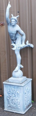 A lead garden sculpture modelled as Hermes, modelled standing on a ball, on a foliate moulded square plinth, 160cm high.