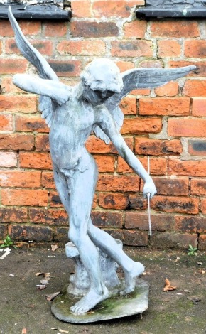 A lead garden sculpture modelled as Cupid, 93cm high.