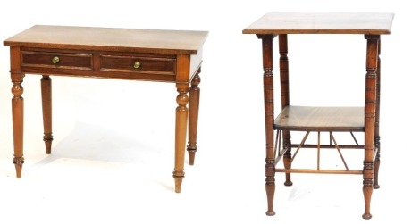 A Victorian mahogany side table, with two frieze drawers, raised on turned legs, 70cm high, 92cm wide, 46cm deep, together with a two tier mahogany night table, raised on turned legs, 66.5cm high, 43cm wide, 44cm deep.