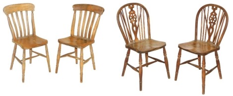 A pair of Victorian beech and elm slat back kitchen chairs, together with a pair of wheelback kitchen chairs, stamped TW. (4)