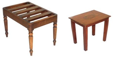 A Victorian mahogany luggage stand, raised on turned legs, 43cm high, 61cm wide, 42cm deep, together with an Edwardian mahogany and inlaid occasional table, the rectangular top raised on tapering square legs, 40cm high, 41cm wide, 30cm deep.