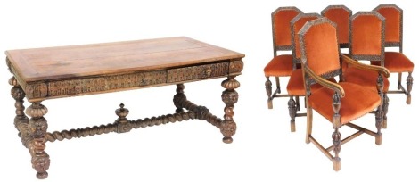 A Victorian oak dining table, with a bordered two plank top, above a carved frieze with two drawers to one side, one drawer to the other, raised on fluted spiral twist and foliate carved legs, united by a spiral twisted H frame stretcher, 76cm high, 169cm