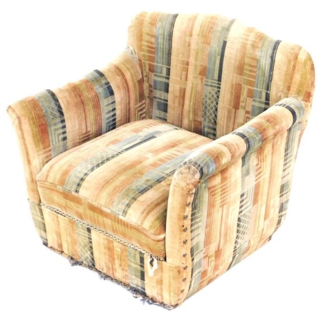 A 1930s child's chair, upholstered in geometric striped fabric, the cushion seat on a hinged base, opening to reveal a storage recess, 55cm wide.