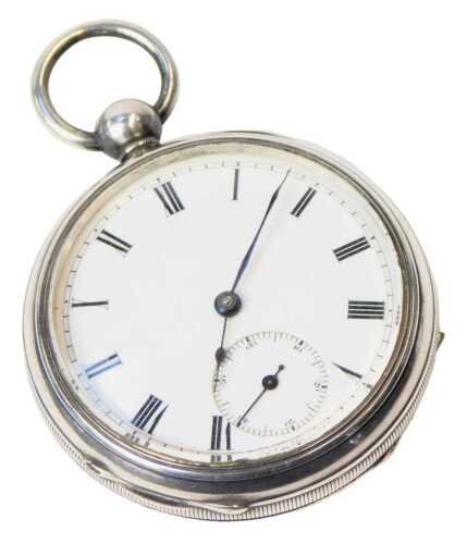 A late 19thC gentleman's silver cased pocket watch, open faced, keyless wind, circular enamel dial bearing Roman numerals, subsidiary seconds dial, the case with engine turned decoration.