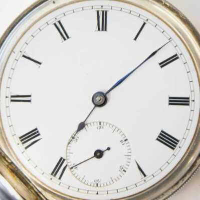 A late 19thC gentleman's silver cased pocket watch, open faced, keyless wind, circular enamel dial bearing Roman numerals, subsidiary seconds dial, the case with engine turned decoration. - 2