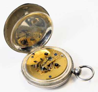 A late 19thC gentleman's silver cased pocket watch, open faced, keyless wind, circular enamel dial bearing Roman numerals, subsidiary seconds dial, the case with engine turned decoration. - 5