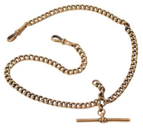 A 9ct rose gold curb link Albert chain, with T bar and two lobster claw clasps, as fitted, 39cm long, 16.7g.