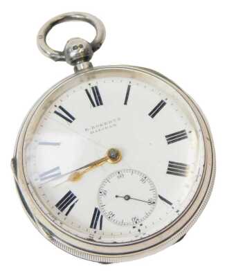 A late 19thC gentleman's silver cased pocket watch, by E Roberts, Halifax, open faced, key wind, circular enamel dial bearing Roman numerals, subsidiary seconds dial, the case with engine turned decoration, vacant shield and garter reserve, Chester 1898.