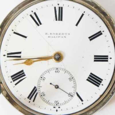 A late 19thC gentleman's silver cased pocket watch, by E Roberts, Halifax, open faced, key wind, circular enamel dial bearing Roman numerals, subsidiary seconds dial, the case with engine turned decoration, vacant shield and garter reserve, Chester 1898. - 2