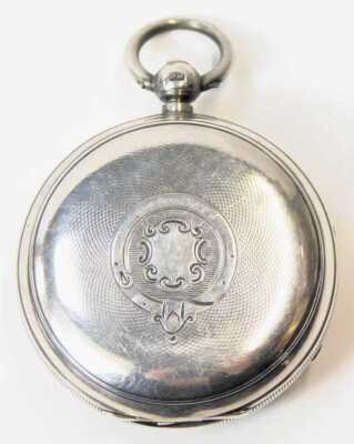 A late 19thC gentleman's silver cased pocket watch, by E Roberts, Halifax, open faced, key wind, circular enamel dial bearing Roman numerals, subsidiary seconds dial, the case with engine turned decoration, vacant shield and garter reserve, Chester 1898. - 6