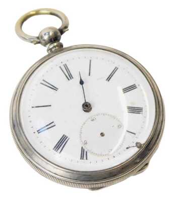 A late 19thC gentleman's silver cased pocket watch, open faced, key wind, circular enamel dial bearing Roman numerals, subsidiary seconds dial, the case with engine turned decoration, vacant shield and garter reserve.