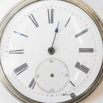 A late 19thC gentleman's silver cased pocket watch, open faced, key wind, circular enamel dial bearing Roman numerals, subsidiary seconds dial, the case with engine turned decoration, vacant shield and garter reserve. - 2