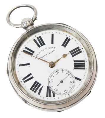 An early 20thC gentleman's silver cased pocket watch, open faced, key wind, circular enamel dial bearing Roman numerals, subsidiary seconds dial, the case with engine turned decoration, vacant shield and garter reserve, Chester 1902.