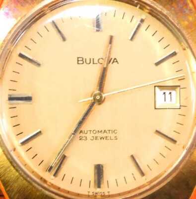 A Bulova automatic gentleman's wristwatch, stainless steel back on expanding gold plated strap and face, with twenty-three jewel movement, the face 3cm diameter, boxed. Note: We have instructions from the vendor to sell without reserve. Upon initial inspe - 2